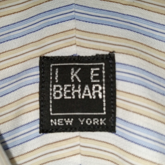 Ike Behar New York Dress Shirt Mens 16.5 X 36 Blue Gold Striped Perfect Cond. - Picture 2 of 4